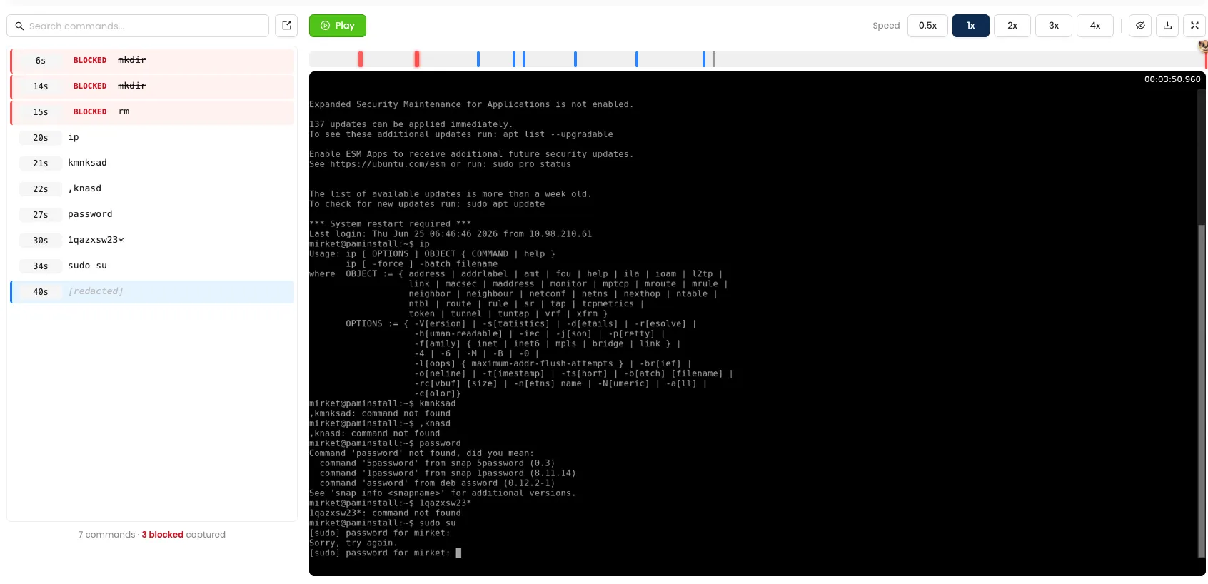 Searchable session recording transcript in Mirket PAM: jumping directly to typed commands and flagged events