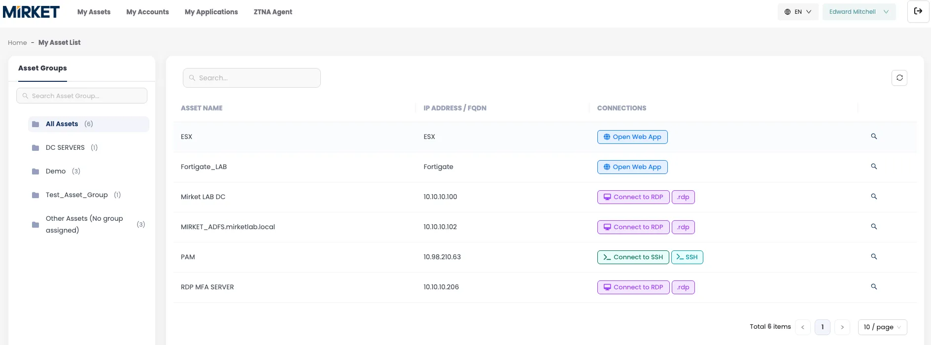 My Assets in the Mirket portal: each target opens as a web app, in RDP, or from a generated .rdp file