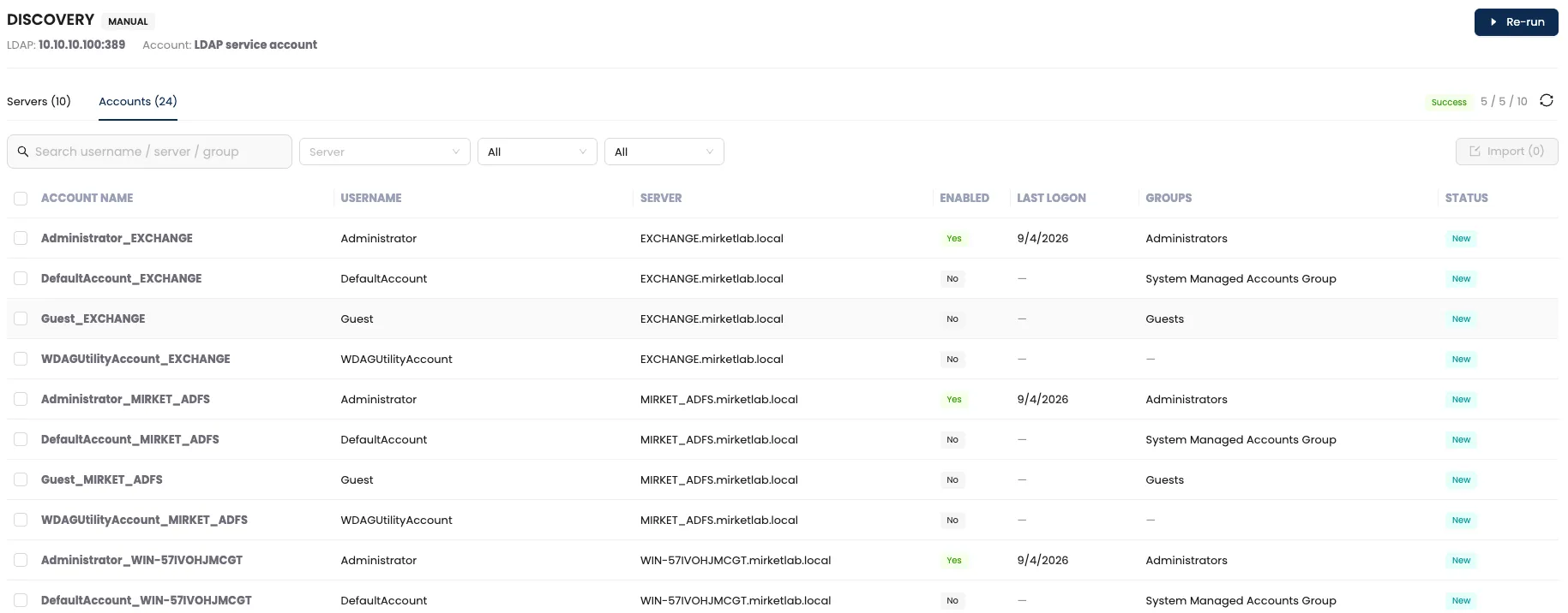 Discovery in Mirket PAM: servers and local accounts imported from the directory, with last logon, groups and status